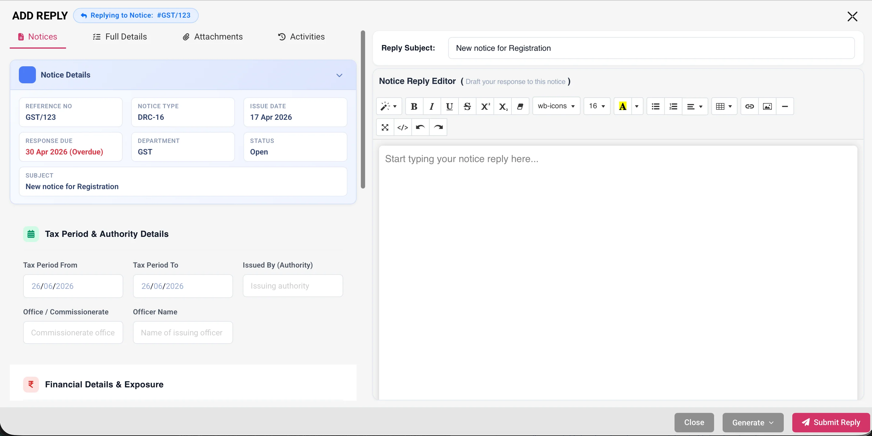 WhiteBooks Add Notice and Reply screen with notice details, tax period, and a rich-text notice reply editor