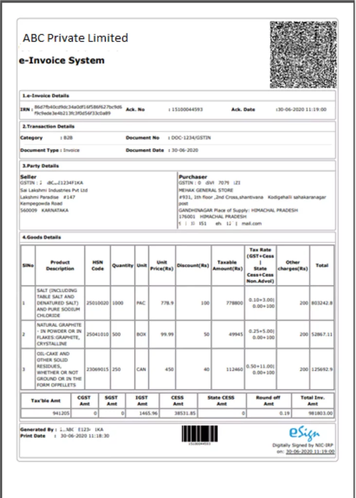e-Invoicing System for GST Taxpayers: Methods and Procedures 1 sample invoice print