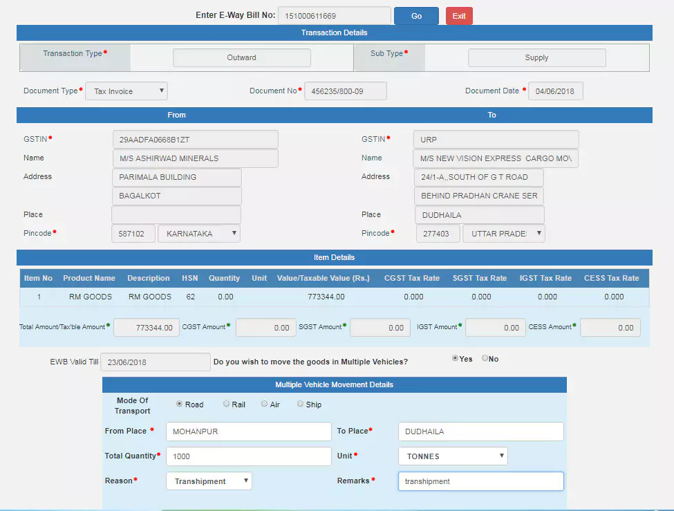 e way bill multi vehicle