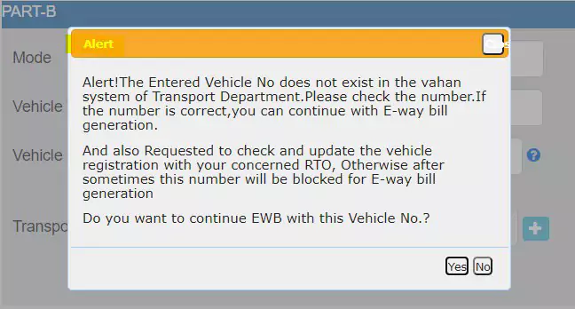 e way bill system vehicle number alert message